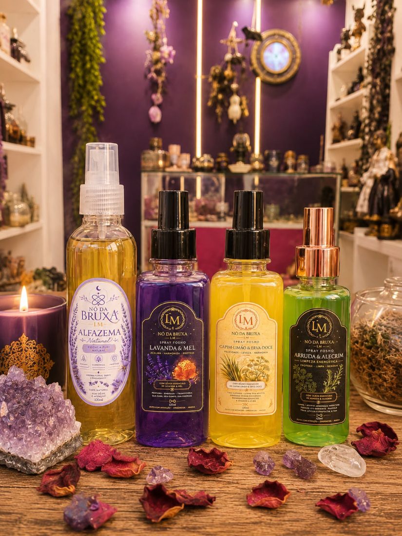 Prateleira da loja com perfumes espirituais, velas e cristais
